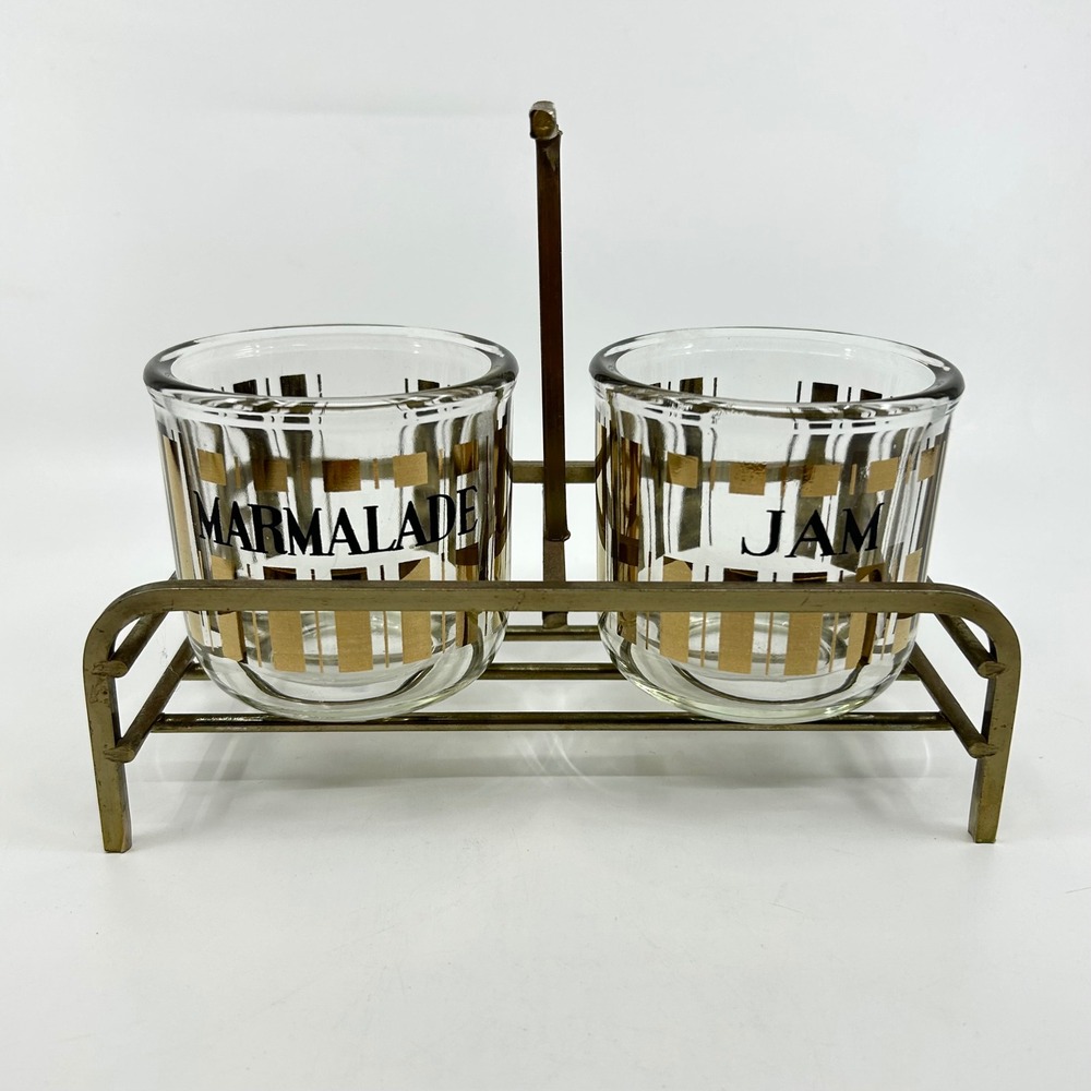 Vintage MCM Gold Accent Glass Jeanette Jam Marmalade Cups Brass Caddy